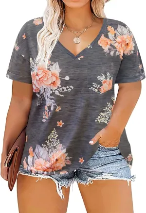 RITERA Plus Size Tops For Women Summer T Shirts V Neck Short Sleeve Casual Basic Tee with Front Pocket XL-5XL