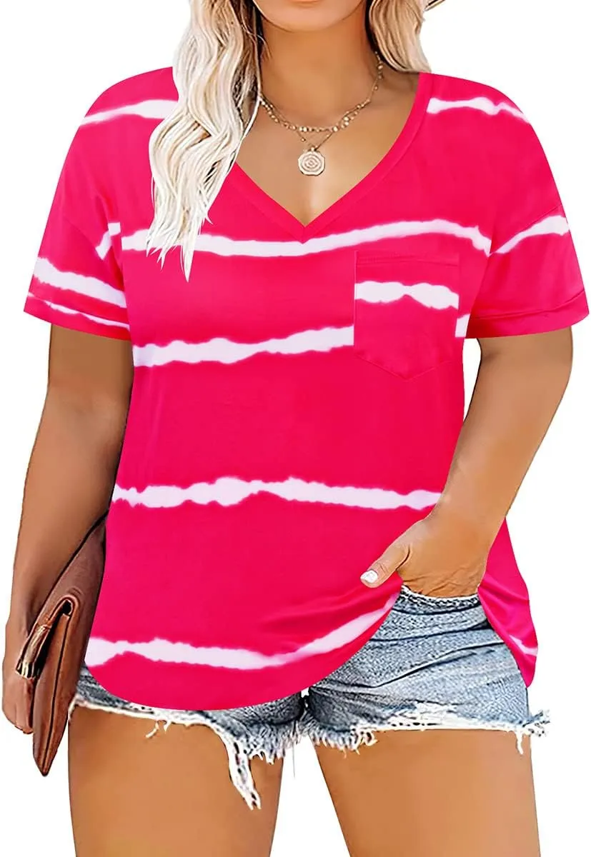 RITERA Plus Size Tops For Women Summer T Shirts V Neck Short Sleeve Casual Basic Tee with Front Pocket XL-5XL