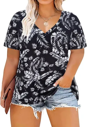 RITERA Plus Size Tops For Women Summer T Shirts V Neck Short Sleeve Casual Basic Tee with Front Pocket XL-5XL