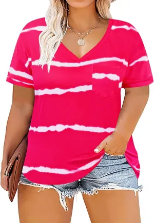 RITERA Plus Size Tops For Women Summer T Shirts V Neck Short Sleeve Casual Basic Tee with Front Pocket XL-5XL