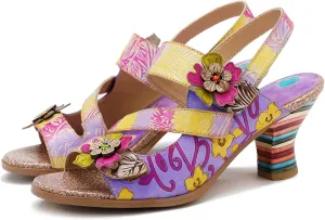 Riutiru Women's Handmade Lambskin Retro Casual Sandals for Spring and Summer, Contrast 3D Color-blocking Flower Comfortable High-heeled Sandals for Women