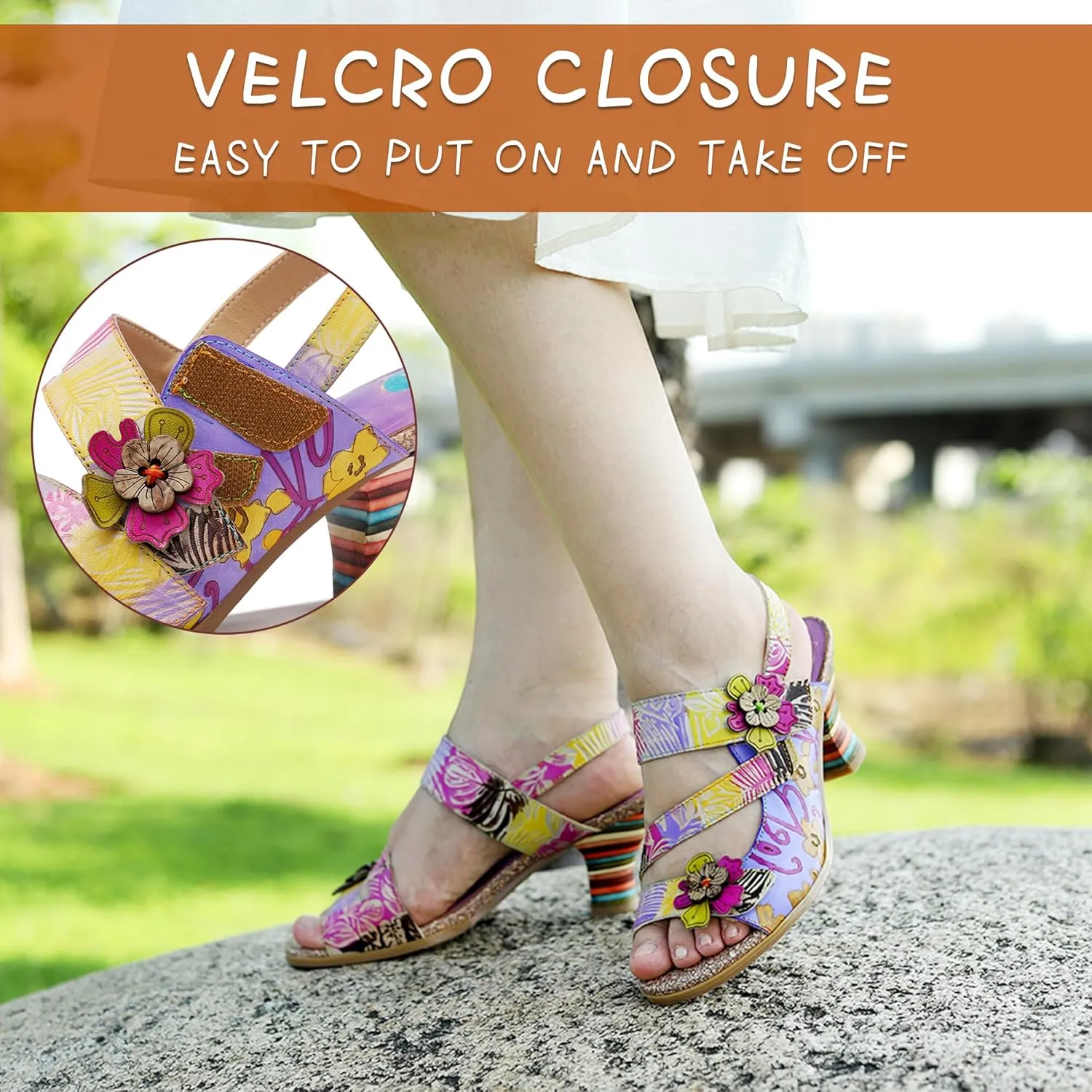 Riutiru Women's Handmade Lambskin Retro Casual Sandals for Spring and Summer, Contrast 3D Color-blocking Flower Comfortable High-heeled Sandals for Women