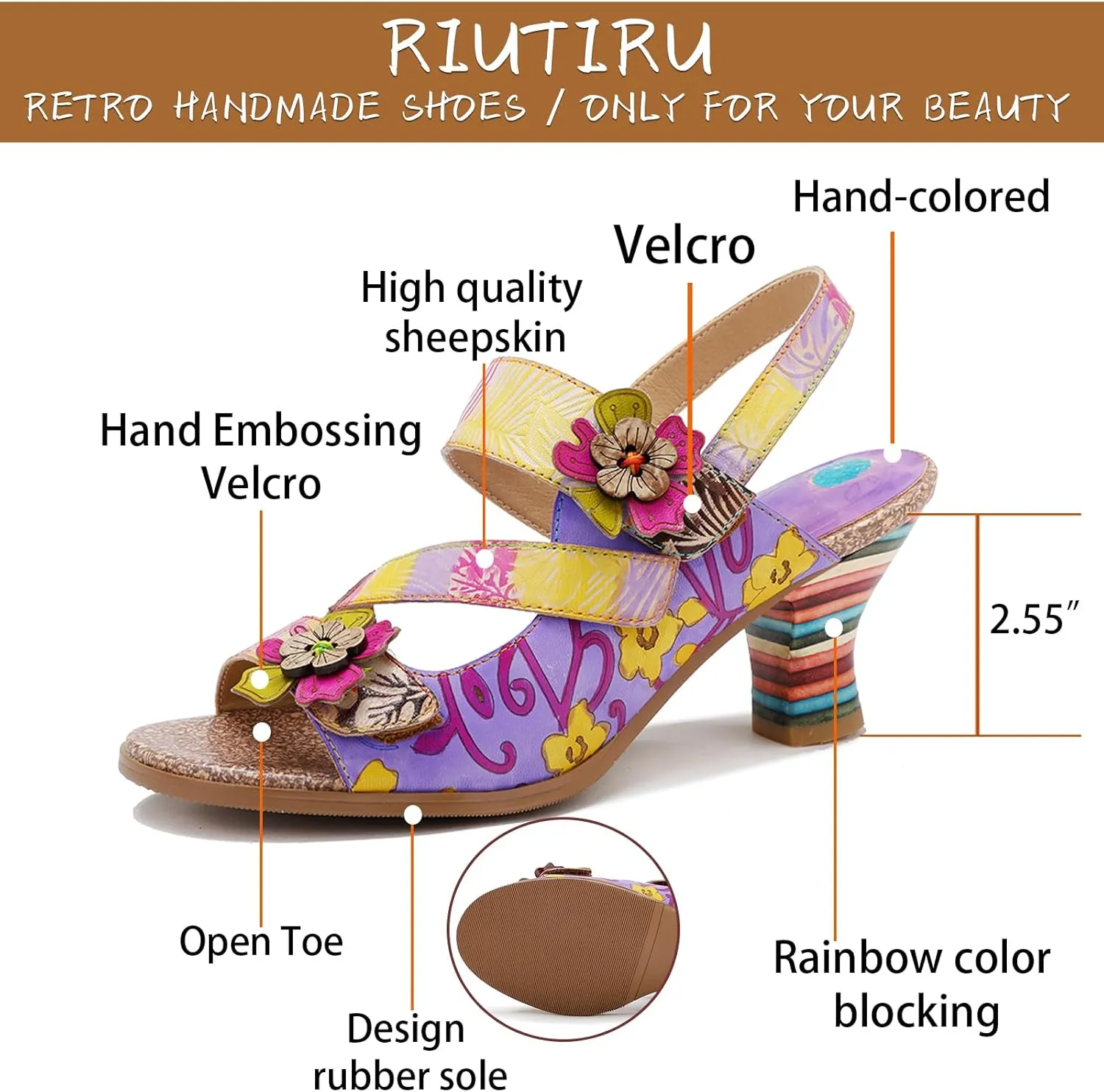 Riutiru Women's Handmade Lambskin Retro Casual Sandals for Spring and Summer, Contrast 3D Color-blocking Flower Comfortable High-heeled Sandals for Women