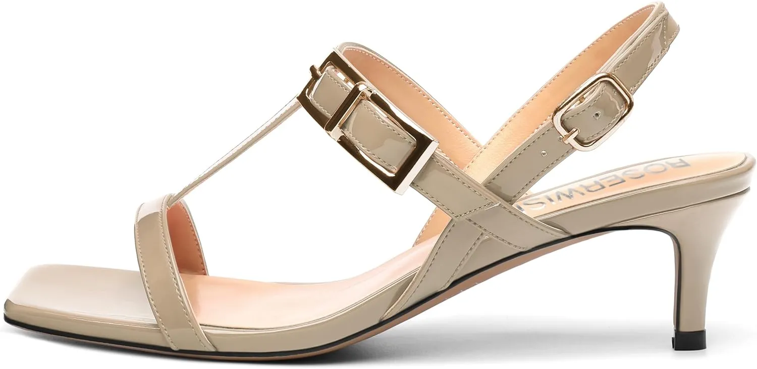 ROSERWISH Women's Low kitten heel Strappy Sandals Open Square Toe Slingback Patent Heels 2 Inch Fashion Comfort Dress Shoes