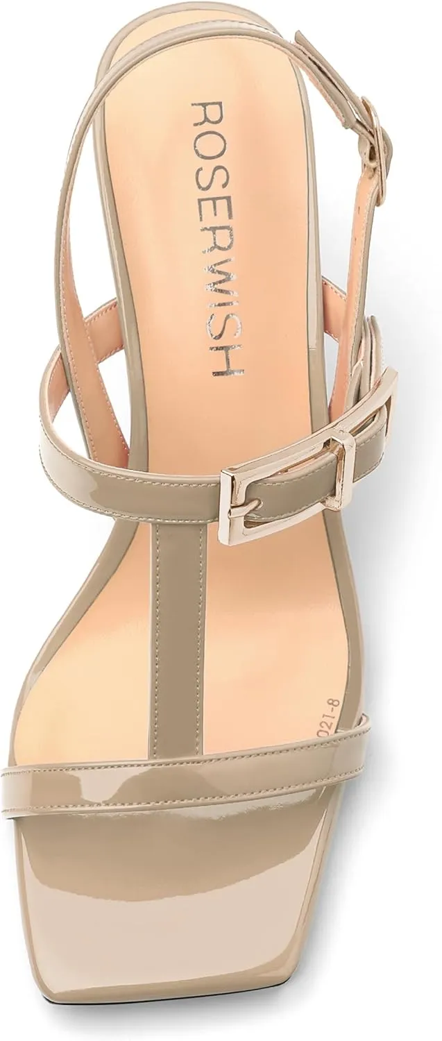 ROSERWISH Women's Low kitten heel Strappy Sandals Open Square Toe Slingback Patent Heels 2 Inch Fashion Comfort Dress Shoes