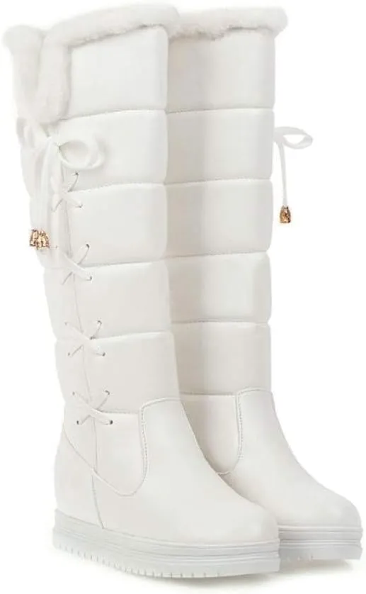 SACFOF Womens Winter Snow Boots Waterproof Long Booties Furry Mid Calf Warm Plush Lined Lace Up Comfort Snow Boots