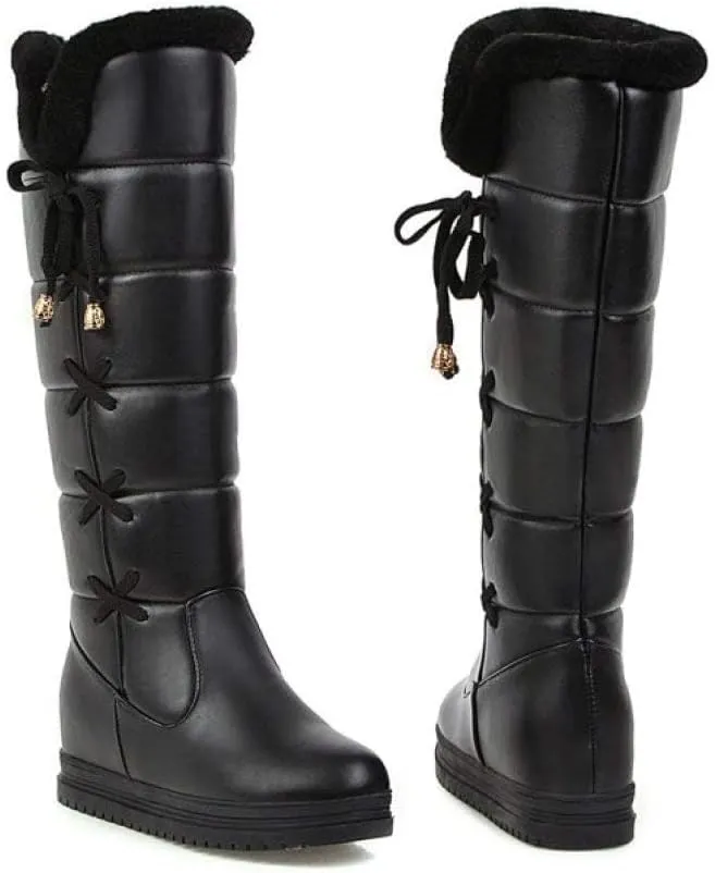 SACFOF Womens Winter Snow Boots Waterproof Long Booties Furry Mid Calf Warm Plush Lined Lace Up Comfort Snow Boots