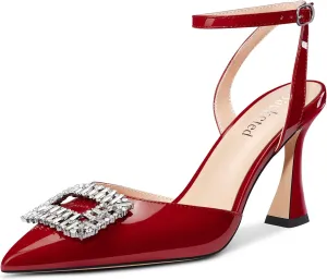 Saekcted Women Chunky Block High Heel Pointed Toe Sandals Ankle Strap Rhinestone Crystal Party Cute Shoes