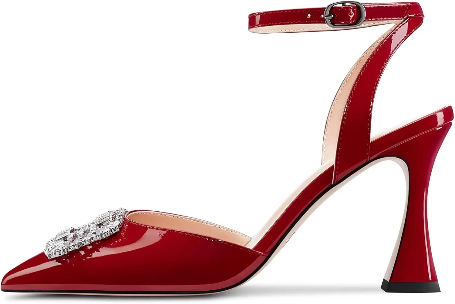 Saekcted Women Chunky Block High Heel Pointed Toe Sandals Ankle Strap Rhinestone Crystal Party Cute Shoes