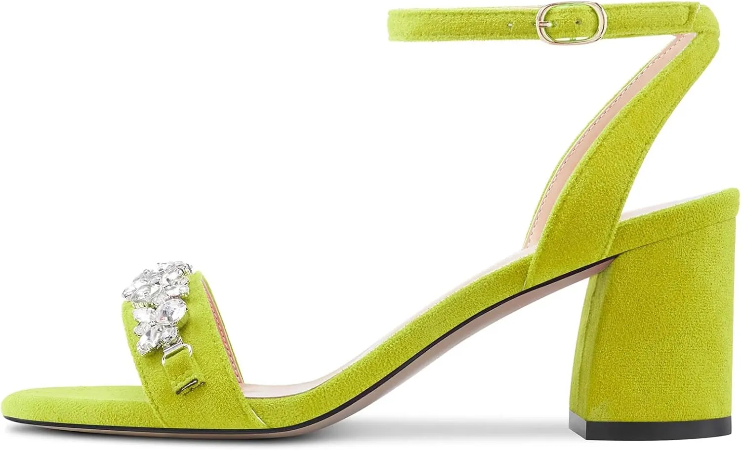 Saekcted Women Chunky Block Mid Heel Peep Open Toe Sandals Ankle Strap Rhinestone Crystal Casual Dress Shoes