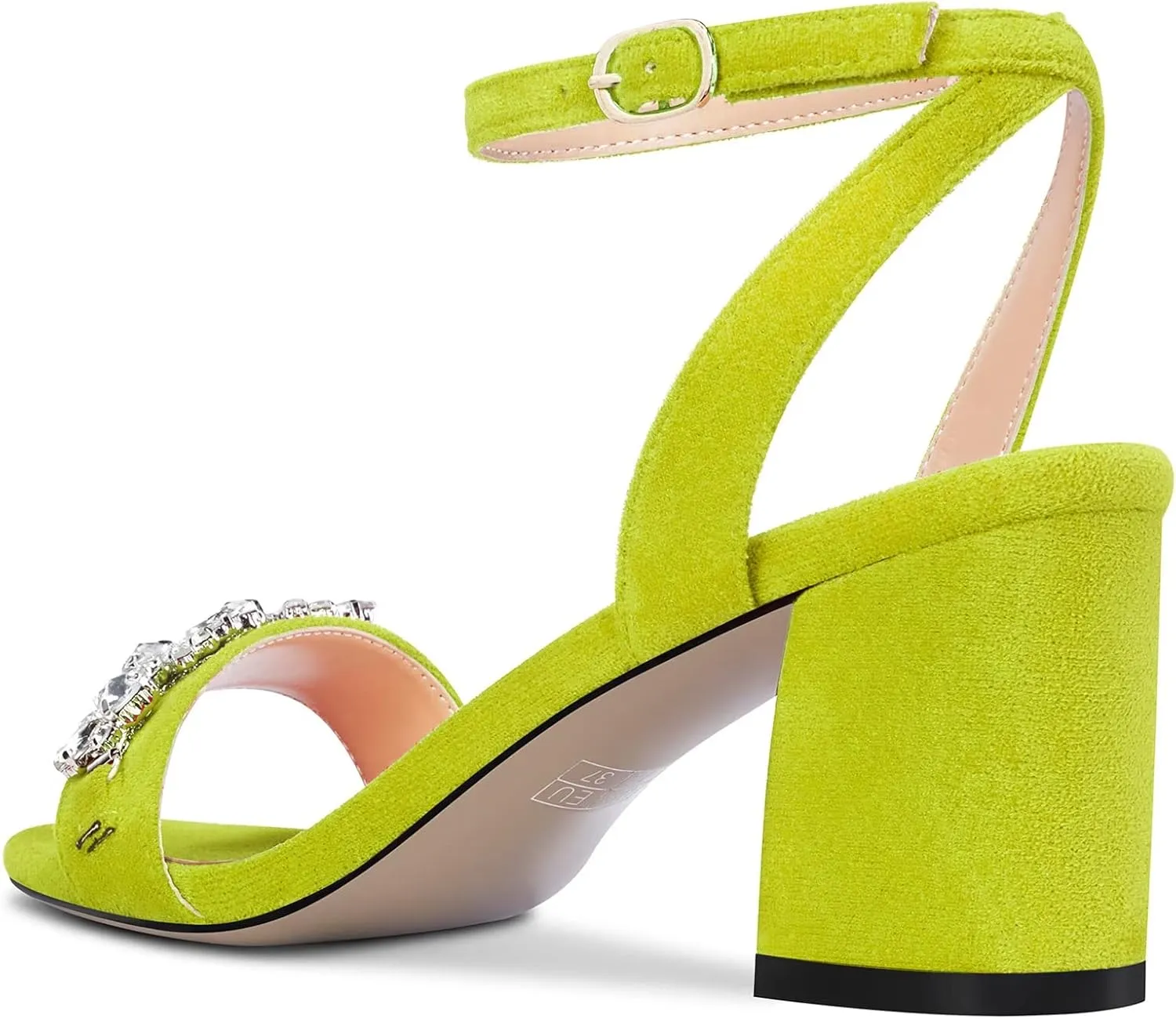 Saekcted Women Chunky Block Mid Heel Peep Open Toe Sandals Ankle Strap Rhinestone Crystal Casual Dress Shoes