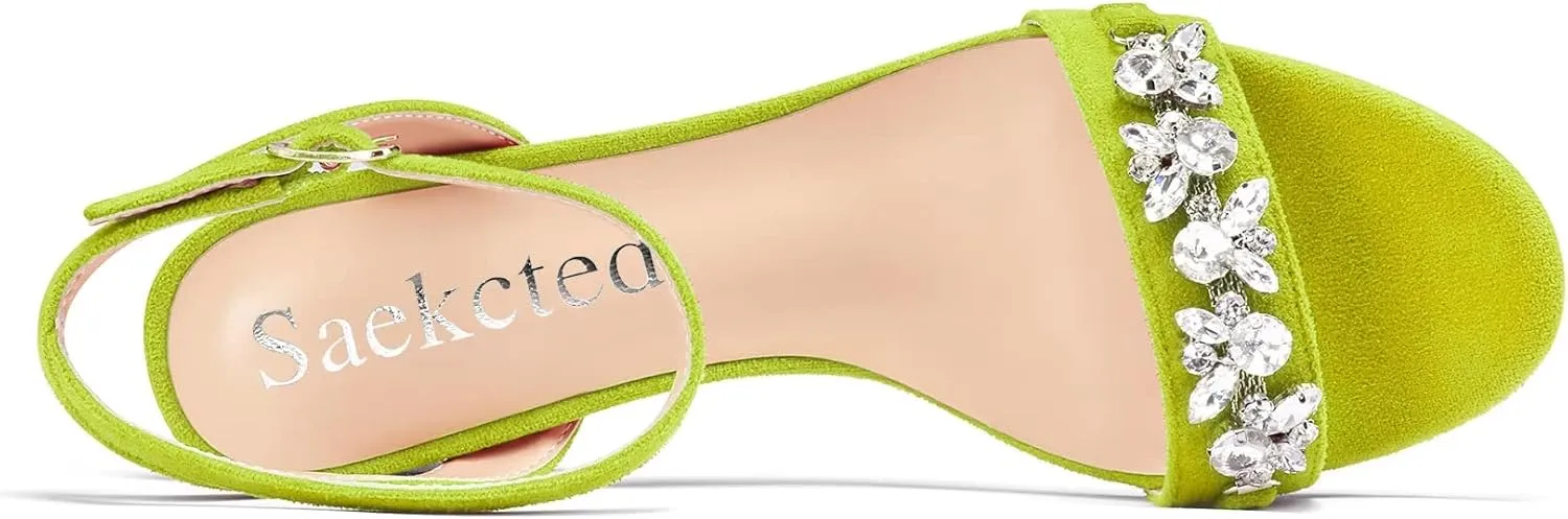 Saekcted Women Chunky Block Mid Heel Peep Open Toe Sandals Ankle Strap Rhinestone Crystal Casual Dress Shoes