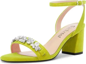 Saekcted Women Chunky Block Mid Heel Peep Open Toe Sandals Ankle Strap Rhinestone Crystal Casual Dress Shoes