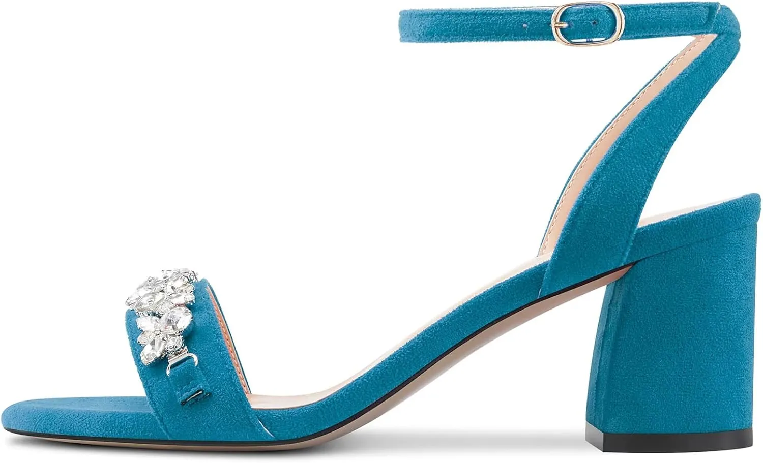 Saekcted Women Chunky Block Mid Heel Peep Open Toe Sandals Ankle Strap Rhinestone Crystal Casual Dress Shoes