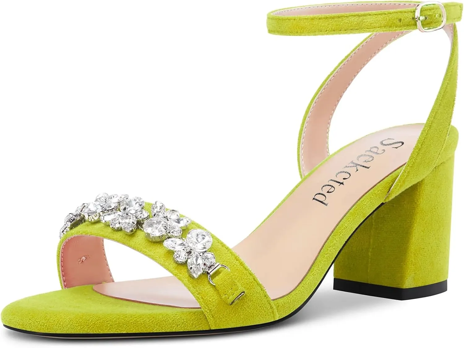 Saekcted Women Chunky Block Mid Heel Peep Open Toe Sandals Ankle Strap Rhinestone Crystal Casual Dress Shoes