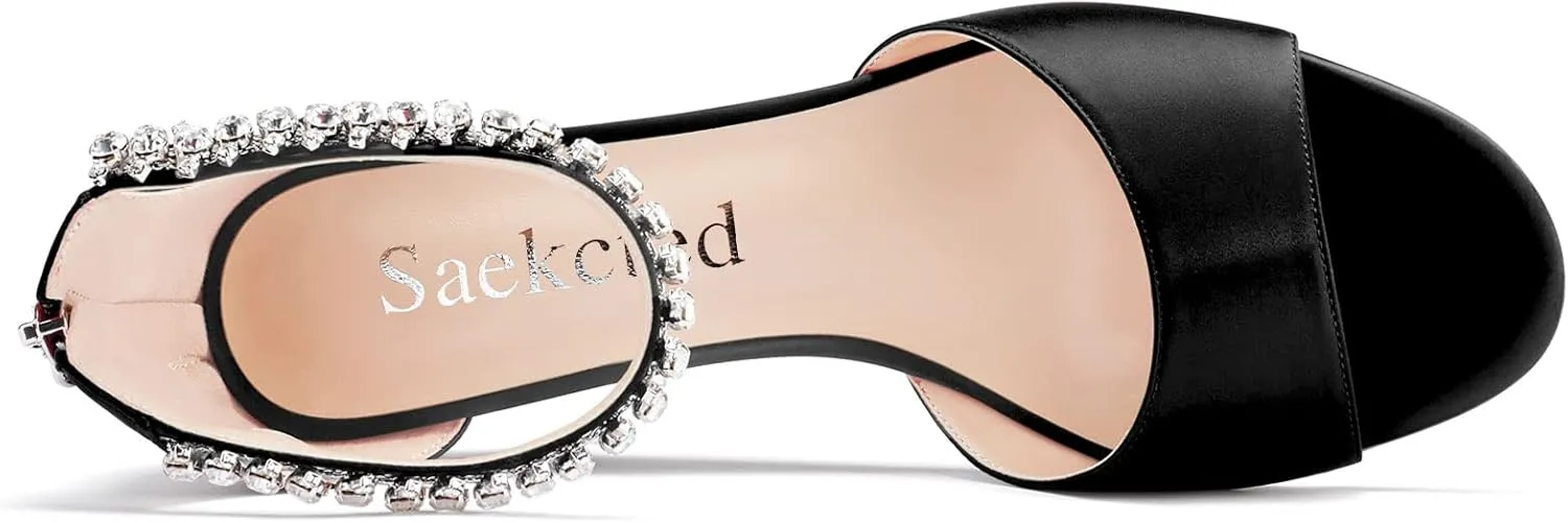 Saekcted Women Chunky Block Wedge Mid Heel Peep Open Toe Sandals Ankle Strap Diamond Crystal Wedding Party Dress 2.0 Inches Heels