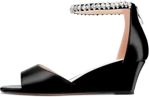 Saekcted Women Chunky Block Wedge Mid Heel Peep Open Toe Sandals Ankle Strap Diamond Crystal Wedding Party Dress 2.0 Inches Heels