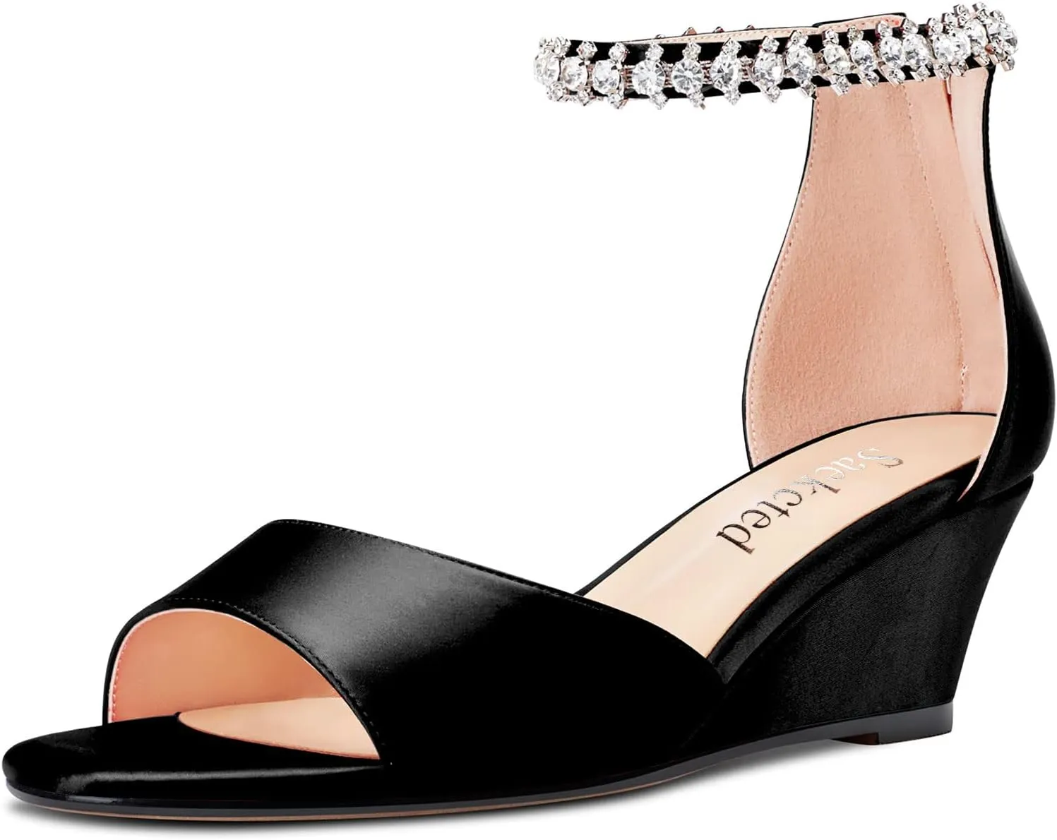 Saekcted Women Chunky Block Wedge Mid Heel Peep Open Toe Sandals Ankle Strap Diamond Crystal Wedding Party Dress 2.0 Inches Heels
