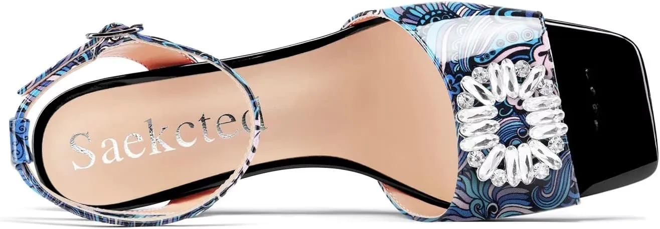 Saekcted Women Mid Heel Peep Open Toe Sandals Ankle Strap Rhinestone Crystal Party Cute Shoes