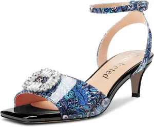 Saekcted Women Mid Heel Peep Open Toe Sandals Ankle Strap Rhinestone Crystal Party Cute Shoes