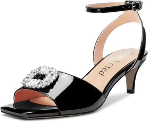 Saekcted Women Mid Heel Peep Open Toe Sandals Ankle Strap Rhinestone Crystal Party Cute Shoes