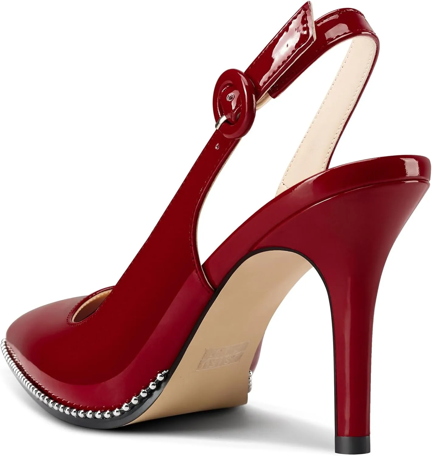 Saekcted Womens Stiletto High Heel Pointed Toe Beaded Pumps Sandals Slingback Slip-on Pearls Prom Dress Patent Leather Summer 3.5 Inches Heels