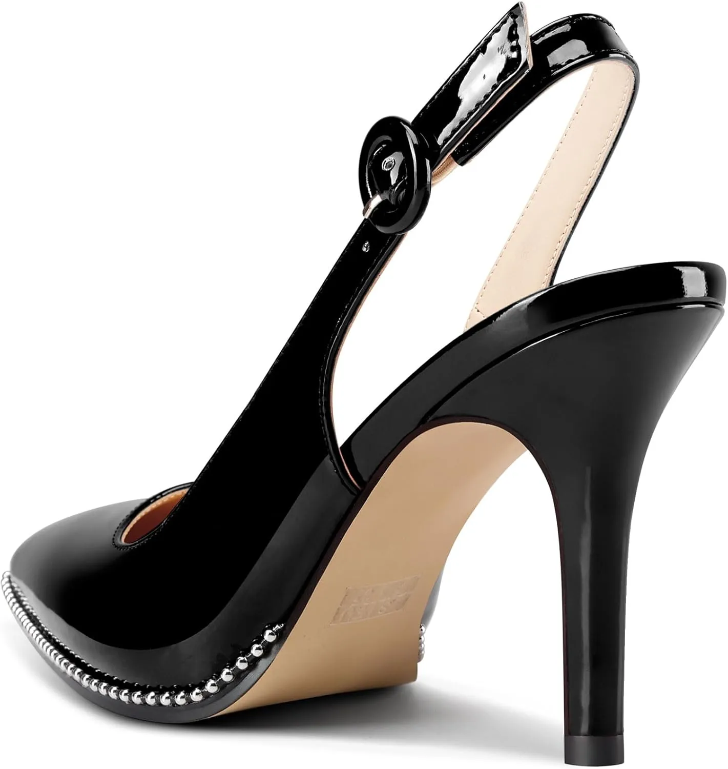 Saekcted Womens Stiletto High Heel Pointed Toe Beaded Pumps Sandals Slingback Slip-on Pearls Prom Dress Patent Leather Summer 3.5 Inches Heels