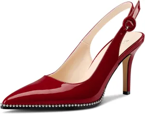 Saekcted Womens Stiletto High Heel Pointed Toe Beaded Pumps Sandals Slingback Slip-on Pearls Prom Dress Patent Leather Summer 3.5 Inches Heels