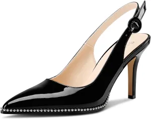Saekcted Womens Stiletto High Heel Pointed Toe Beaded Pumps Sandals Slingback Slip-on Pearls Prom Dress Patent Leather Summer 3.5 Inches Heels