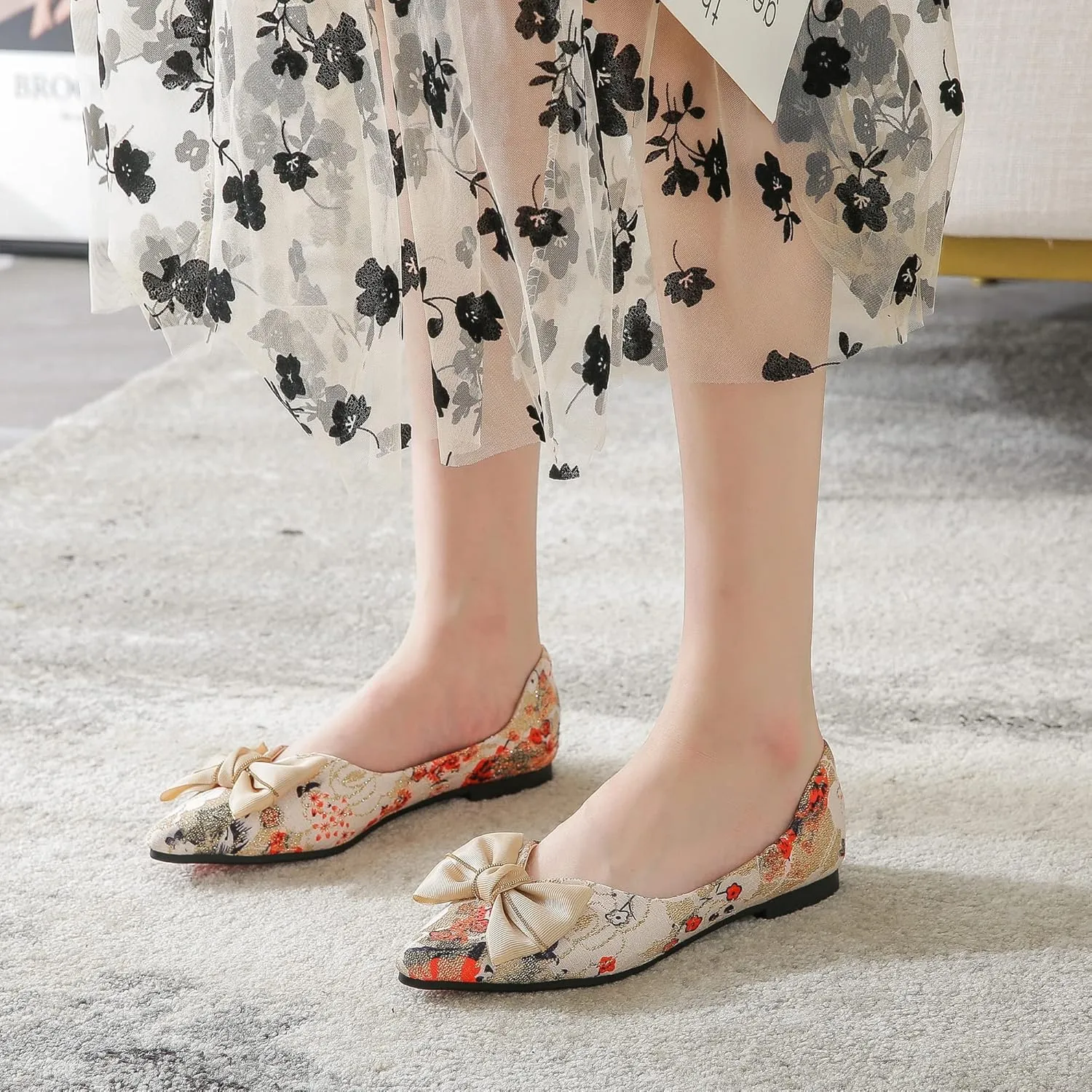 SAILING LU Bow-Knot Ballet Flats for Women Pointy Toe Sequins Dressy Shoes Womens Comfortable Slip on Loafers Light Weight