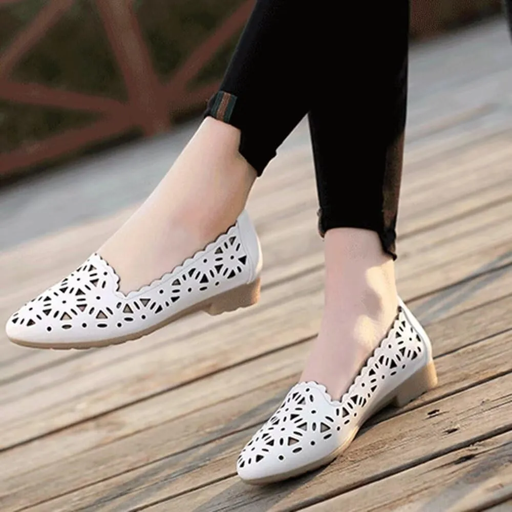 SAILING LU Women's Floral Ballet Flats for Women Black Beige Slip On Flowers Hollow Out Round Toe Dress Shoes