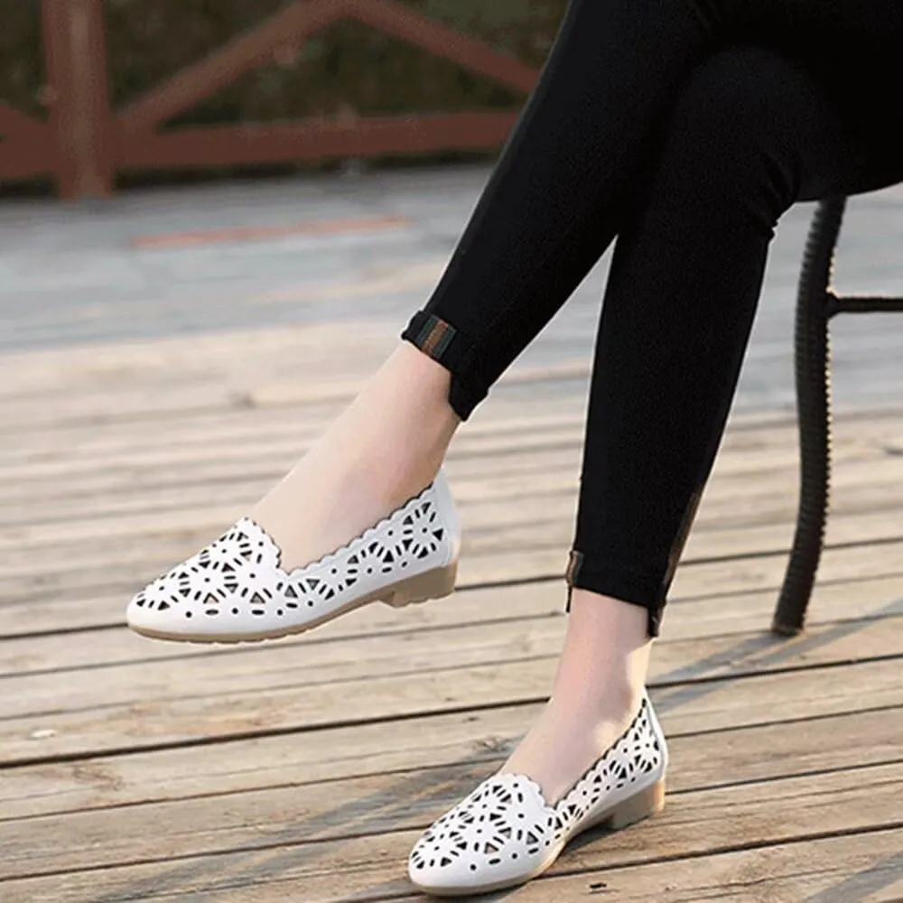 SAILING LU Women's Floral Ballet Flats for Women Black Beige Slip On Flowers Hollow Out Round Toe Dress Shoes
