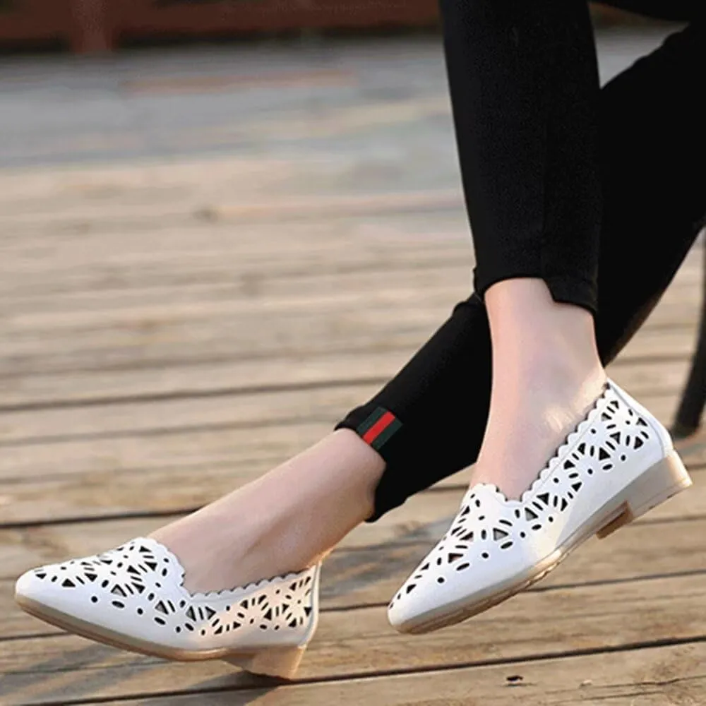 SAILING LU Women's Floral Ballet Flats for Women Black Beige Slip On Flowers Hollow Out Round Toe Dress Shoes