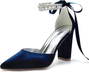 Sandal Satin Bridal Pointed Toe 9CM Block Heel Women's Ankle Strap Rhinestones Wedding Elegant Shoes Formal Pump Bowknot Strap,Dark Blue,9