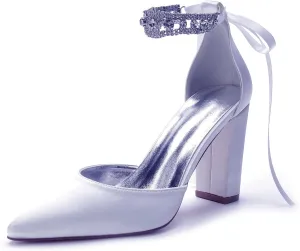 Sandal Satin Bridal Pointed Toe 9CM Block Heel Women's Ankle Strap Rhinestones Wedding Elegant Shoes Formal Pump Bowknot Strap,White,8