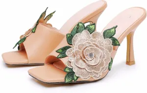 Sandals women square toe embroidered flowers high heels open toe shoes 9cm open toe sandals slippers high heels