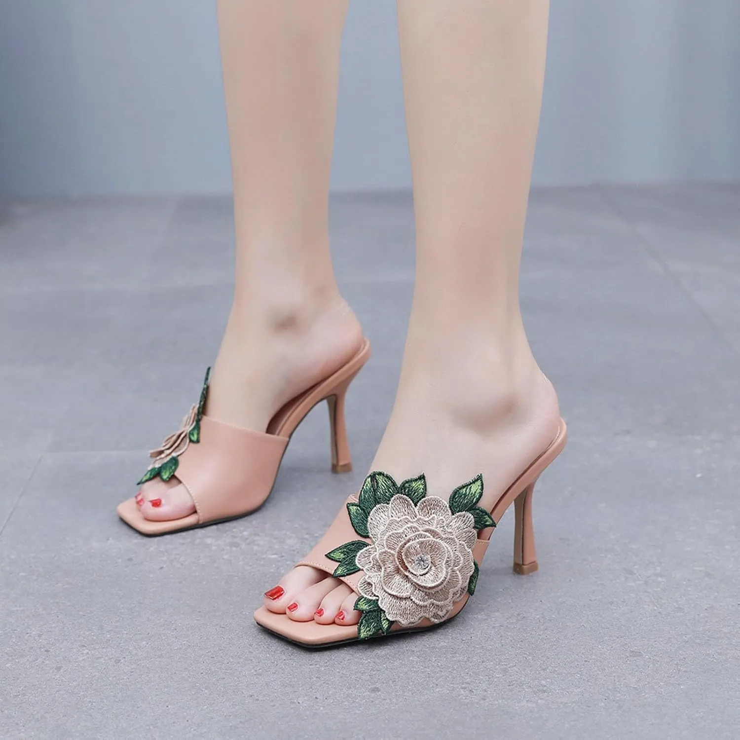 Sandals women square toe embroidered flowers high heels open toe shoes 9cm open toe sandals slippers high heels