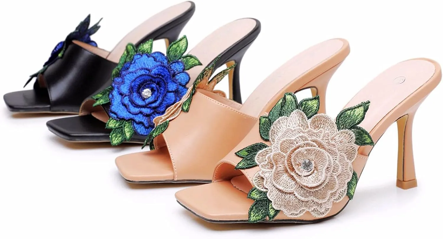 Sandals women square toe embroidered flowers high heels open toe shoes 9cm open toe sandals slippers high heels