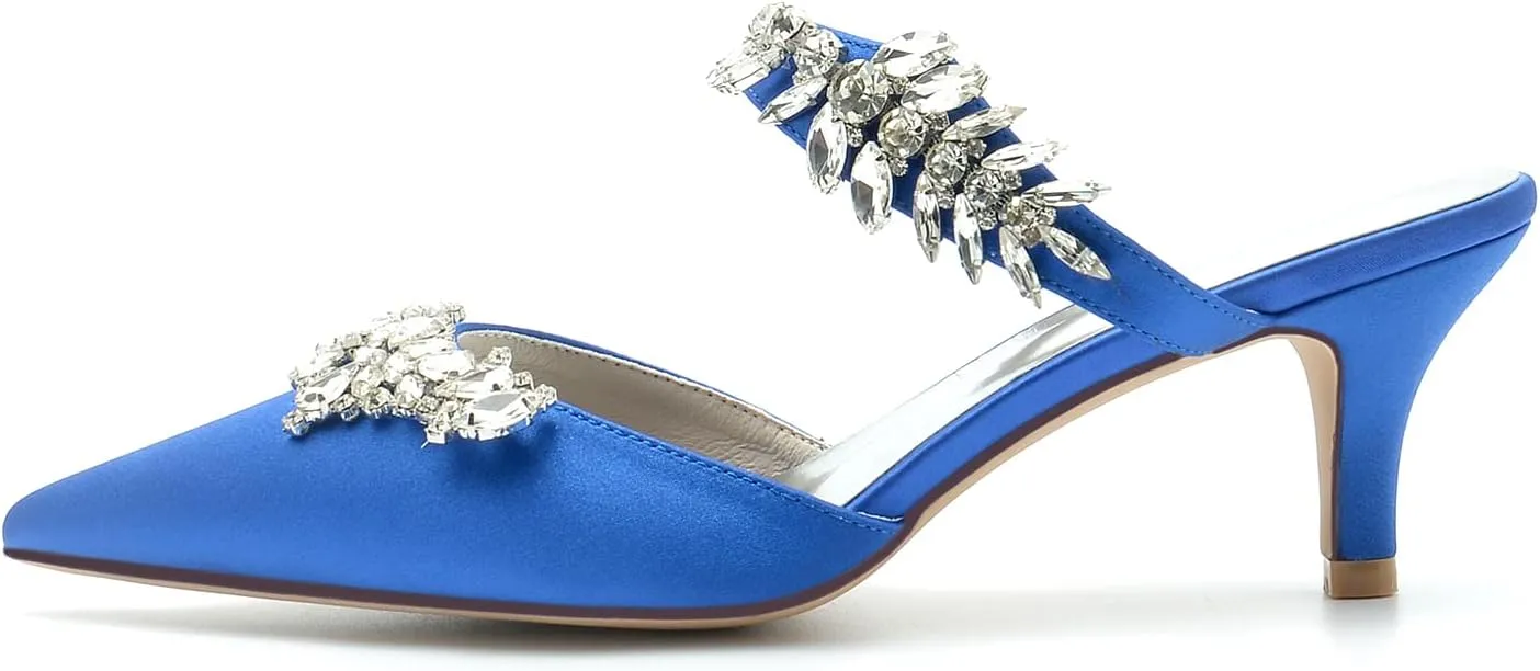 Satin Wedding Shoes for Bride,Kitten Heel Mule Heels Shoes for Women Mid Heeled Pumps Sandals Rhinestones Wedding Bridal Evening Party Dress Shoes