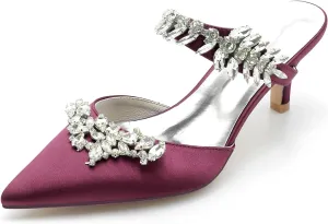 Satin Wedding Shoes for Bride,Kitten Heel Mule Heels Shoes for Women Mid Heeled Pumps Sandals Rhinestones Wedding Bridal Evening Party Dress Shoes