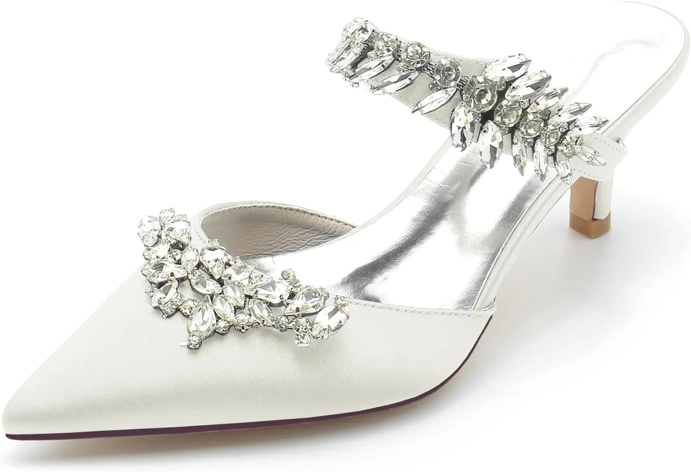 Satin Wedding Shoes for Bride,Kitten Heel Mule Heels Shoes for Women Mid Heeled Pumps Sandals Rhinestones Wedding Bridal Evening Party Dress Shoes