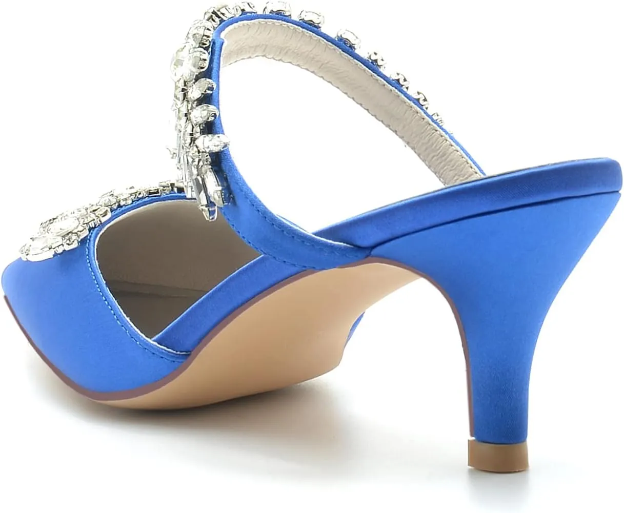 Satin Wedding Shoes for Bride,Kitten Heel Mule Heels Shoes for Women Mid Heeled Pumps Sandals Rhinestones Wedding Bridal Evening Party Dress Shoes