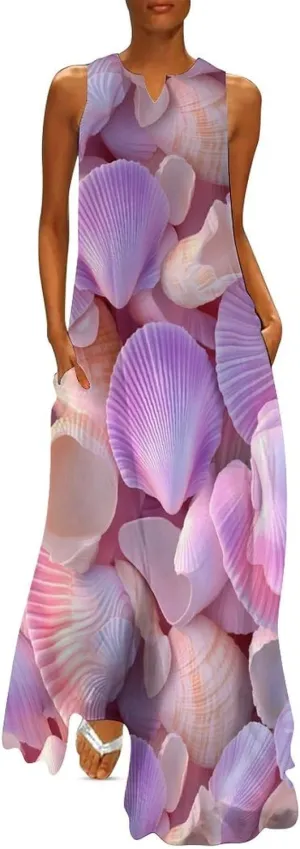 Seashell Pattern Women's Summer Sleeveless Dress Ruffle Flowy Casual Ankle Length Dresses with Pockets