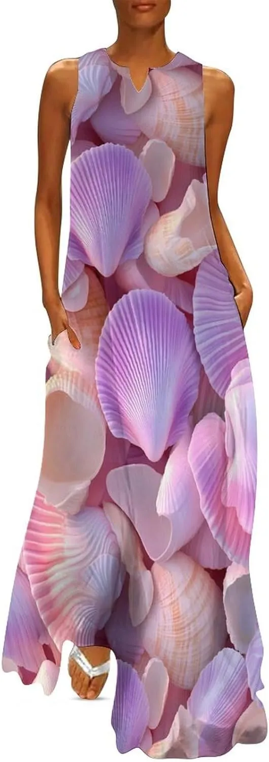 Seashell Pattern Women's Summer Sleeveless Dress Ruffle Flowy Casual Ankle Length Dresses with Pockets