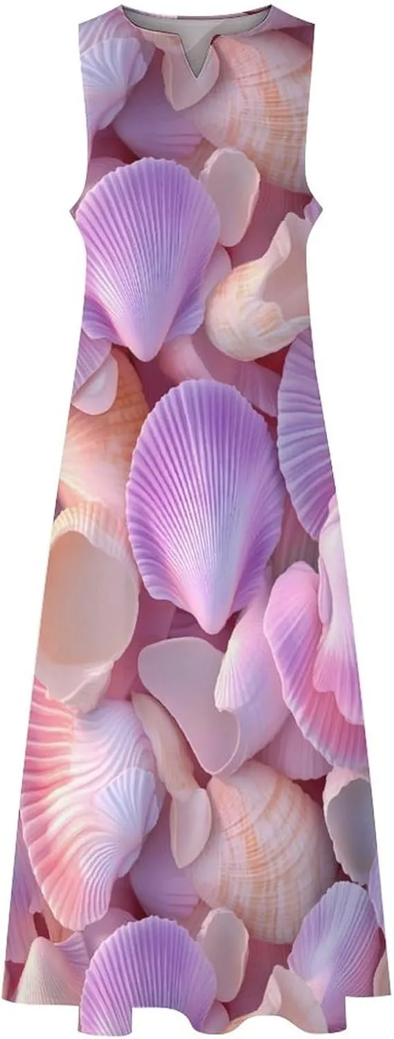 Seashell Pattern Women's Summer Sleeveless Dress Ruffle Flowy Casual Ankle Length Dresses with Pockets