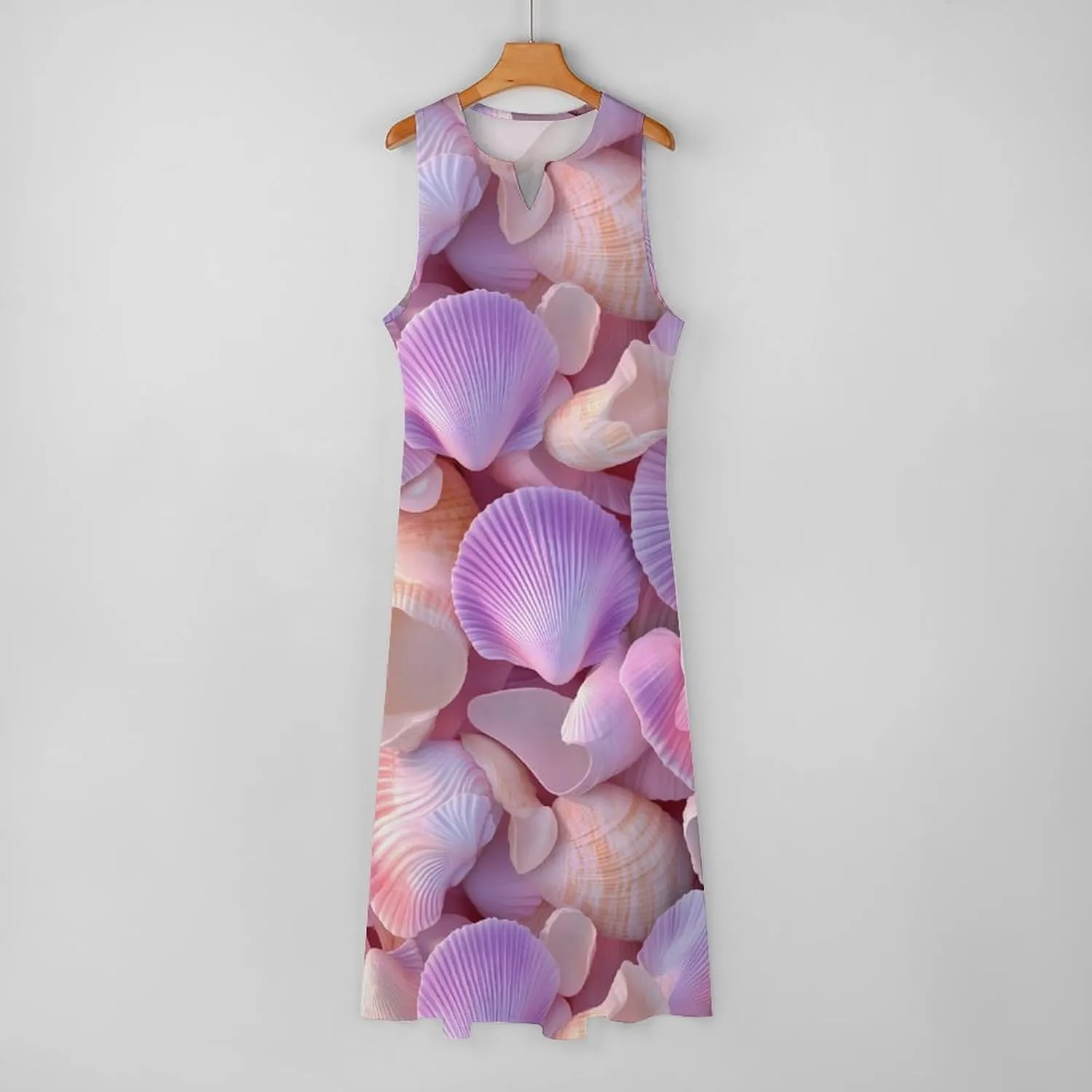 Seashell Pattern Women's Summer Sleeveless Dress Ruffle Flowy Casual Ankle Length Dresses with Pockets