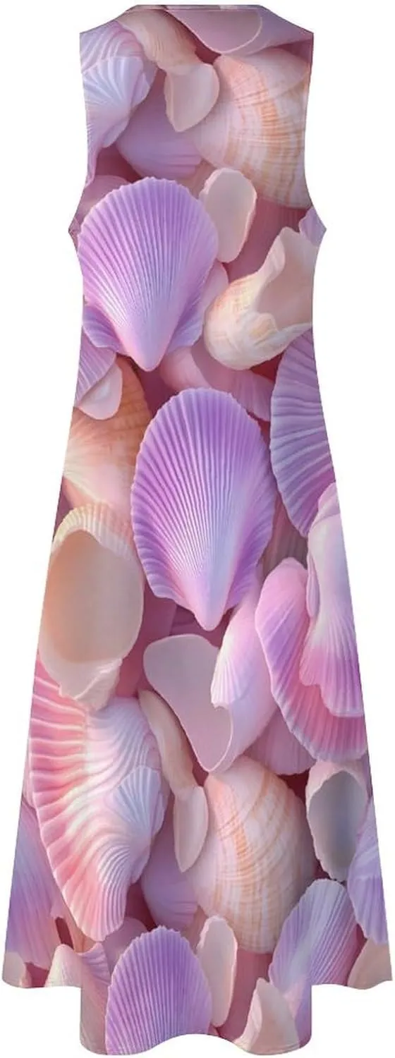 Seashell Pattern Women's Summer Sleeveless Dress Ruffle Flowy Casual Ankle Length Dresses with Pockets