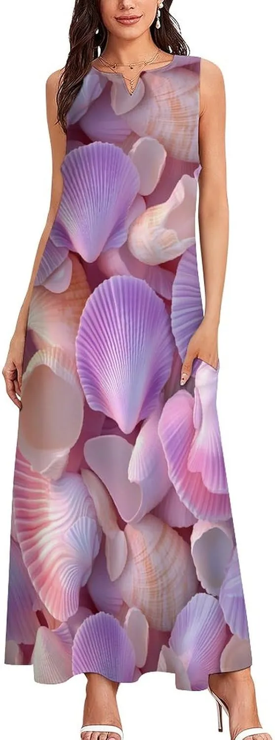 Seashell Pattern Women's Summer Sleeveless Dress Ruffle Flowy Casual Ankle Length Dresses with Pockets