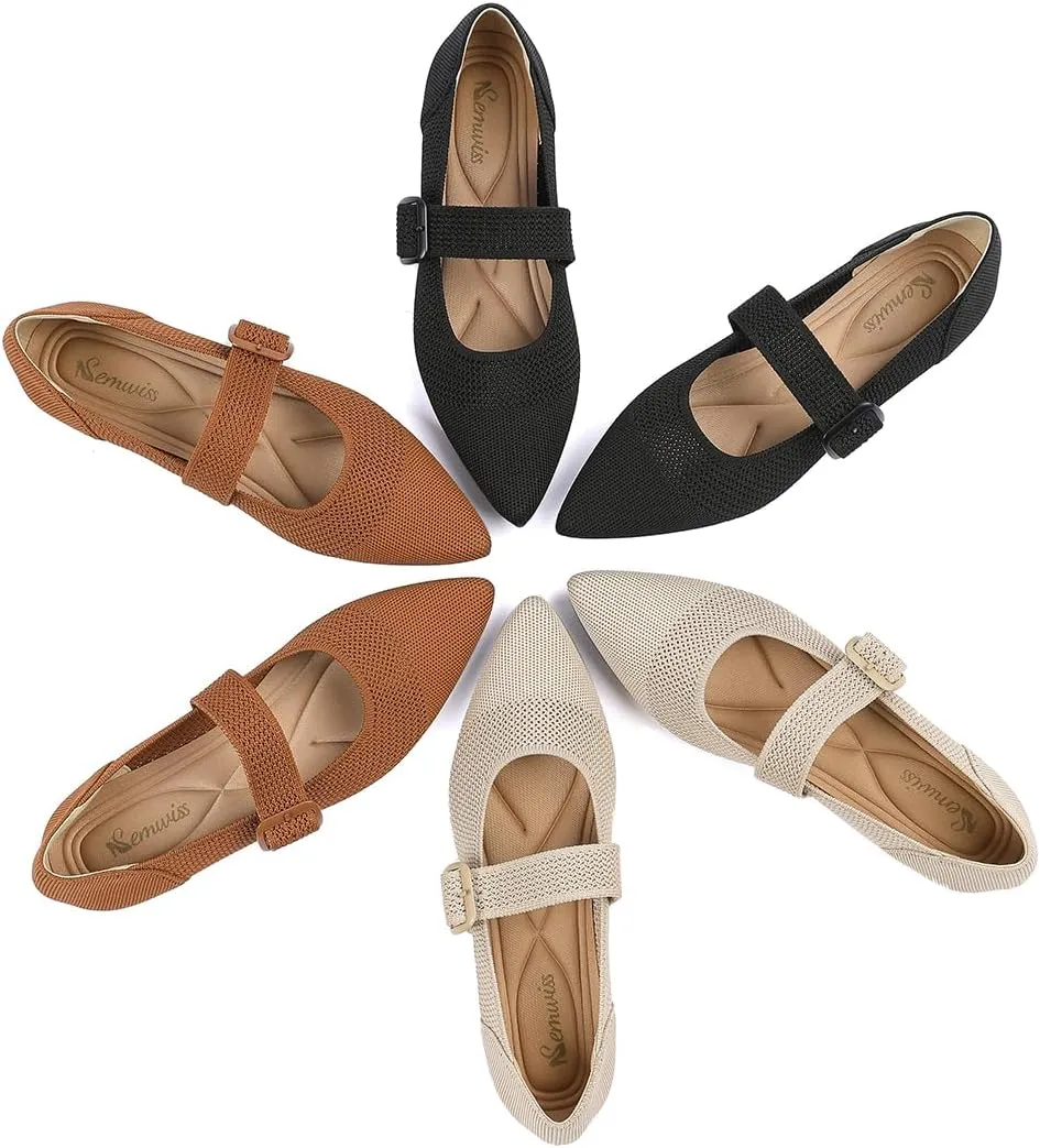 Semwiss Women's Mary Jane Flats Pointed Toe Ballet Flat with Adjustable Strap Design Breathable Mesh Dressy Casual Office Shoes