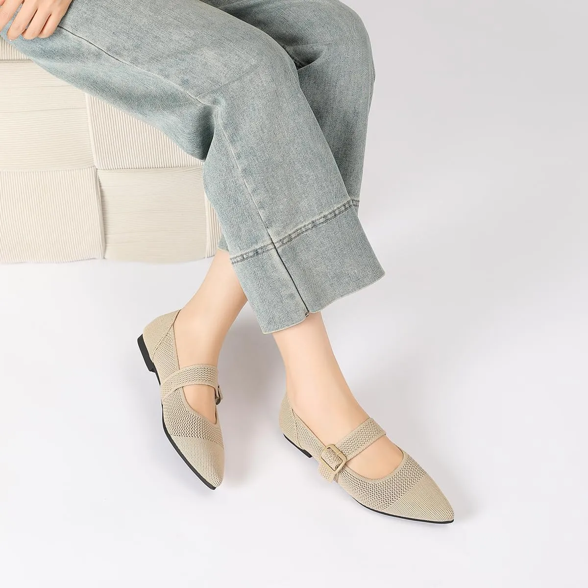 Semwiss Women's Mary Jane Flats Pointed Toe Ballet Flat with Adjustable Strap Design Breathable Mesh Dressy Casual Office Shoes
